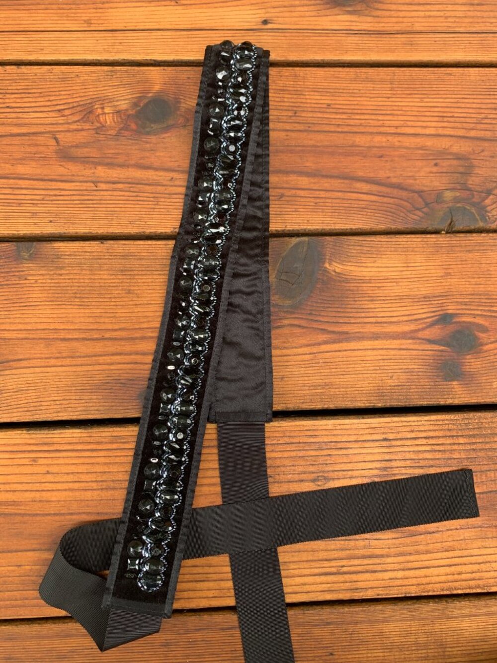 Black Beaded Tie-Waist Adjustable Belt by Cache